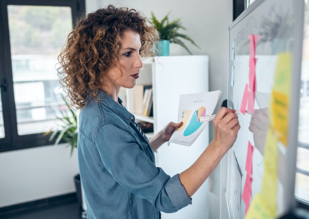 Beautiful business woman working while writting brainstorming on white board in the office.